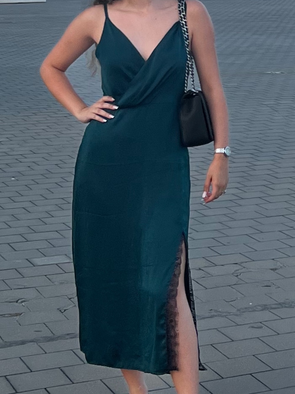 Zara Teal Slip Midi Dress with Lace Side Slit